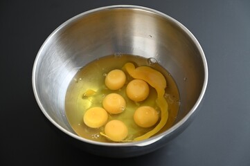 Œufs crus dans un saladier en inox