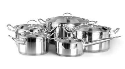 Set of Cooking silver pans isolated on white background
