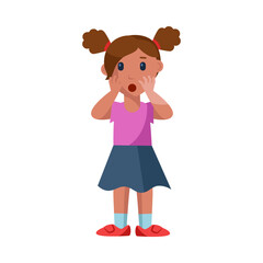 Surprised little girl touching face cartoon vector illustration. Cute kid character standing in shock. Shock concept