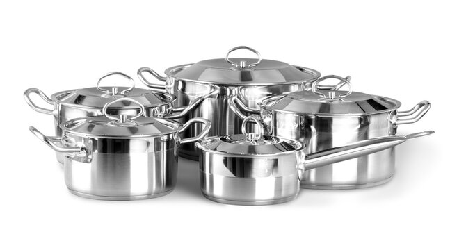 Set of Cooking silver pans isolated on white background