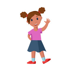 Obraz premium Cute little girl waving hello cartoon vector illustration. Happy kid character standing with raised hand greeting friend. Friendship concept
