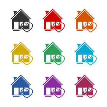 House with heart shape icon isolated on white background. Set icons colorful