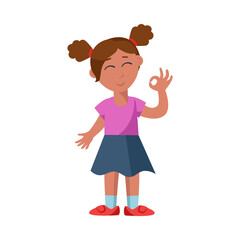 Cute little girl showing ok sign cartoon vector illustration. Happy kid character standing with raised hand approving idea. Approval concept