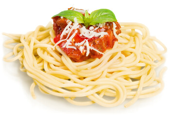 Spaghetti pasta with meat and cheese  isolated on white background