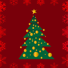 The Christmas tree has golden decorations on a red background. Merry Christmas Happy New Year. Vector illustration.