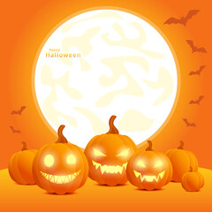 Pumpkins with luminous faces against the background of the full moon. Happy Halloween, illustration in yellow-orange color