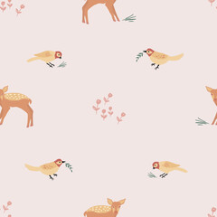 Seamless pattern with birds and fawns