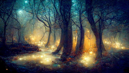 Gloomy fantasy forest scene at night with glowing lights