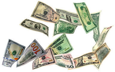 Flying money, dollar bills of all denominations in a disorderly chaotic loop of finance