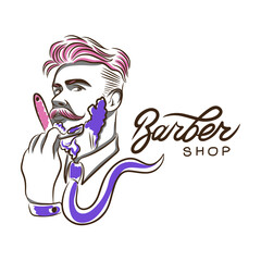 Barbershop, man with shaving, beauty salon decoration