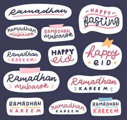 Cute Ramadan Muslim Typography and Banner Set Vector.Set of Islamic Ramadan Quotes.