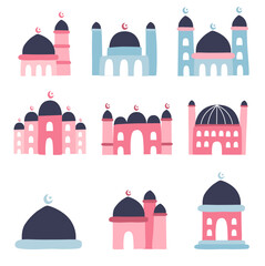 Set of cute islamic mosque. Hand drawn mosque vector illustration.