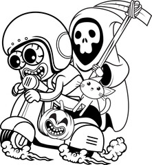 Happy Halloween coloring book with funny rider