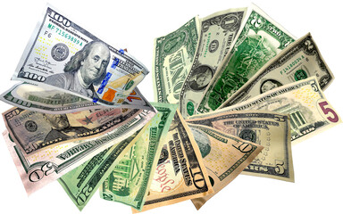 Flying money, dollar bills of all denominations in the form of a fan