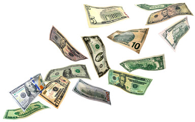 Flying money, dollar bills of various denominations tend to grow