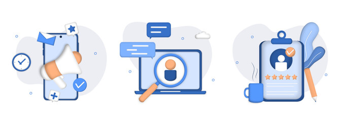 Hiring employment illustration set. Online job interview, HR managers searching potential job candidates and analyzing CV, applying for work position, job recruitment process. 3d vector illustration. 