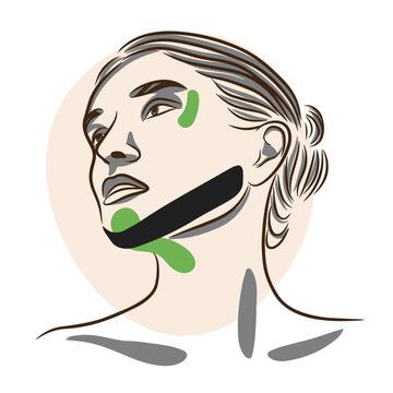 Self care, chin taping technique, kinesiology facial taping, vector