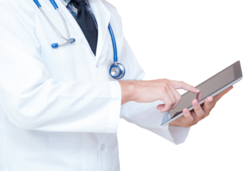 Portrait doctor man holding tablet computer transparent file.