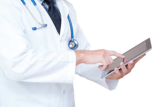 Portrait doctor man holding tablet computer transparent file.