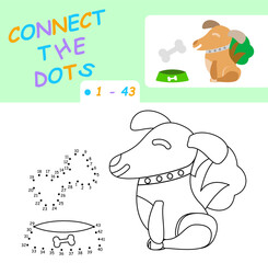 Connect the dots, coloring dog with a bone. red dog with a gray bone and a bowl. child development, connect numbers from 1 to 43. child development in colors.