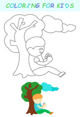 coloring book, child with a cube under a tree. contour coloring for children. child development in colors.