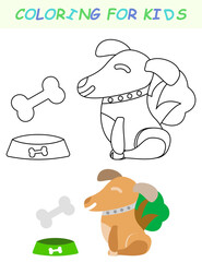 coloring book, dog with bone. ginger dog with gray bone and bowl. contour coloring for children. child development in colors.