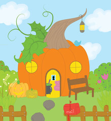 Pumpkin house vector illustration in a beautiful nature. elf cute house made of pumpkin. Fabulous vegetable home with flowers. 