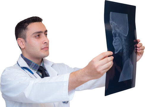 Portrait doctor man holding and looking x-ray film transparent file.