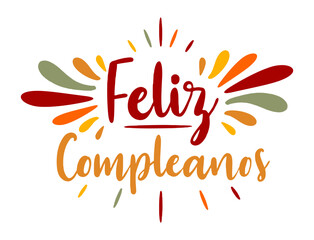 Obraz premium Happy birthday in Spain. Lettering in Spanish with splashes and curls. Vector illustration