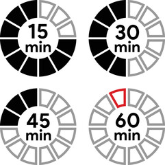 Timer icons set, four timer indicators from 15 to 60 minutes, each separate