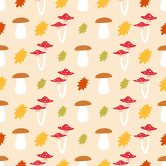 Vector seamless pattern. Autumn. Mushrooms with leaves.