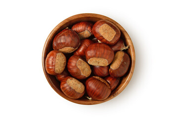 Chestnuts in wooden bowl on white background