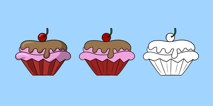 Horizontal set of pictures, delicious cupcake with delicate chocolate cream and cherry berry, vector cartoon