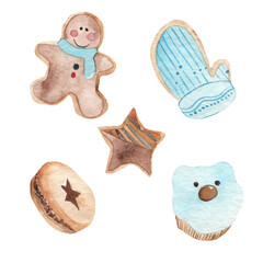 Fresh baked goods set. Cookies, muffins, a star, a glove, gingerbread man, are isolated on white background. Watercolor hand-drawn illustration. Perfect for your project, cards, prints, covers, menu