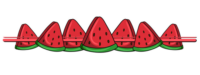 Horizontal border, edge, juicy red pieces of watermelon, vector cartoon