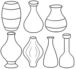 Monochrome Set of various beautiful elegant flower vases in cartoon style, empty flower vases