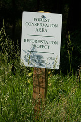 New metal sign on short height wooden post reads Forest Conservation Area Reforestation Project Trees For Your Future, on high grass with native wildflowers