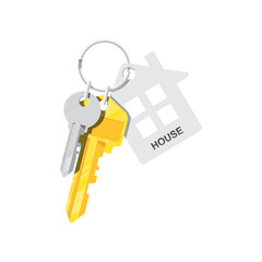 House keys with house shaped keychain isolated on background 