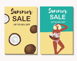Colorful vector summer sale poster, banner, background, vacation mood, postcard, invitation, summer vibes, woman in bikini with coconut, tropical, tag, holiday, vacation.