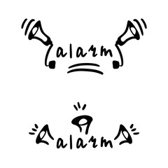 Loudspeaker danger warning. General anxiety. Siren horn for safety. Cartoon lettering for printing on textiles. An element of instructions for observing the rules of conduct during an air raid.