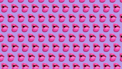 trendy colorful repeating pattern of female lips or mouth on a pink background.