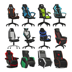 Different chairs for gamers vector illustrations set. Collection of drawings of computer chairs, comfortable equipment for gaming isolated on white background. Furniture, gaming, comfort concept © SurfupVector
