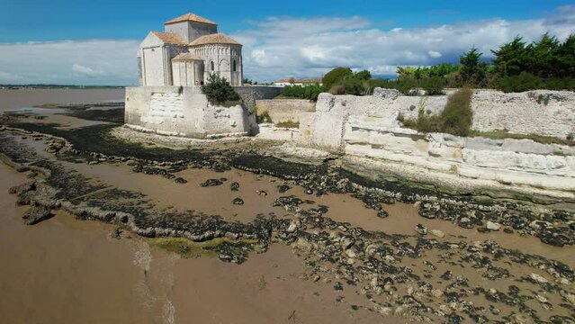 Aerial shot of the Sainte Radegonde chapel in the Talmont village in Gironde, France
