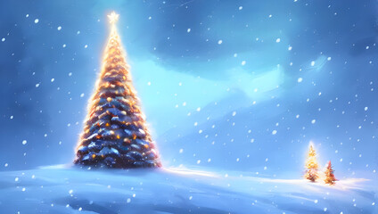 a magical christmas tree with decoration stuck in the ground with gift's halfway up a snowy mountain - digital art - oil painting