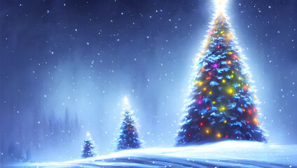 a magical christmas tree with decoration stuck in the ground with gift's halfway up a snowy mountain - digital art - oil painting