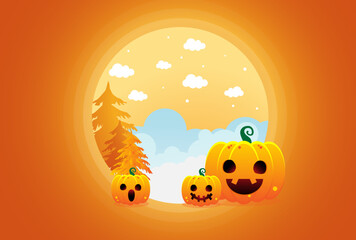 Halloween website banner background , card, poster, pumpkin lantern, yellow and orange and dark vector background, Halloween scare, full moon and sky