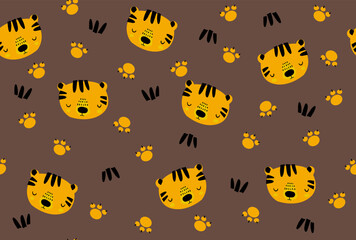Obraz premium Yellow Tiger face pattern, Colorful seamless pattern design for decorating, wallpaper, wrapping paper, fabric, backdrop and etc. brown background