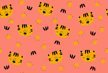 Yellow Tiger face pattern, Colorful seamless pattern design for decorating, wallpaper, wrapping paper, fabric, backdrop and etc. pink background