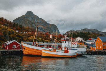 Beautiful and colorful autumn in the Lofoten archipelago in Norway. Breathtaking landscapes show...
