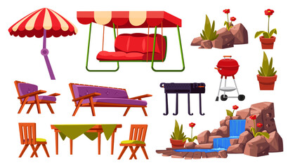 Fototapeta premium Summer garden or patio elements vector illustrations set. Collection of drawings of garden furniture, sofa, umbrella, barbecue grill isolated on white background. Leisure, outdoor activity concept